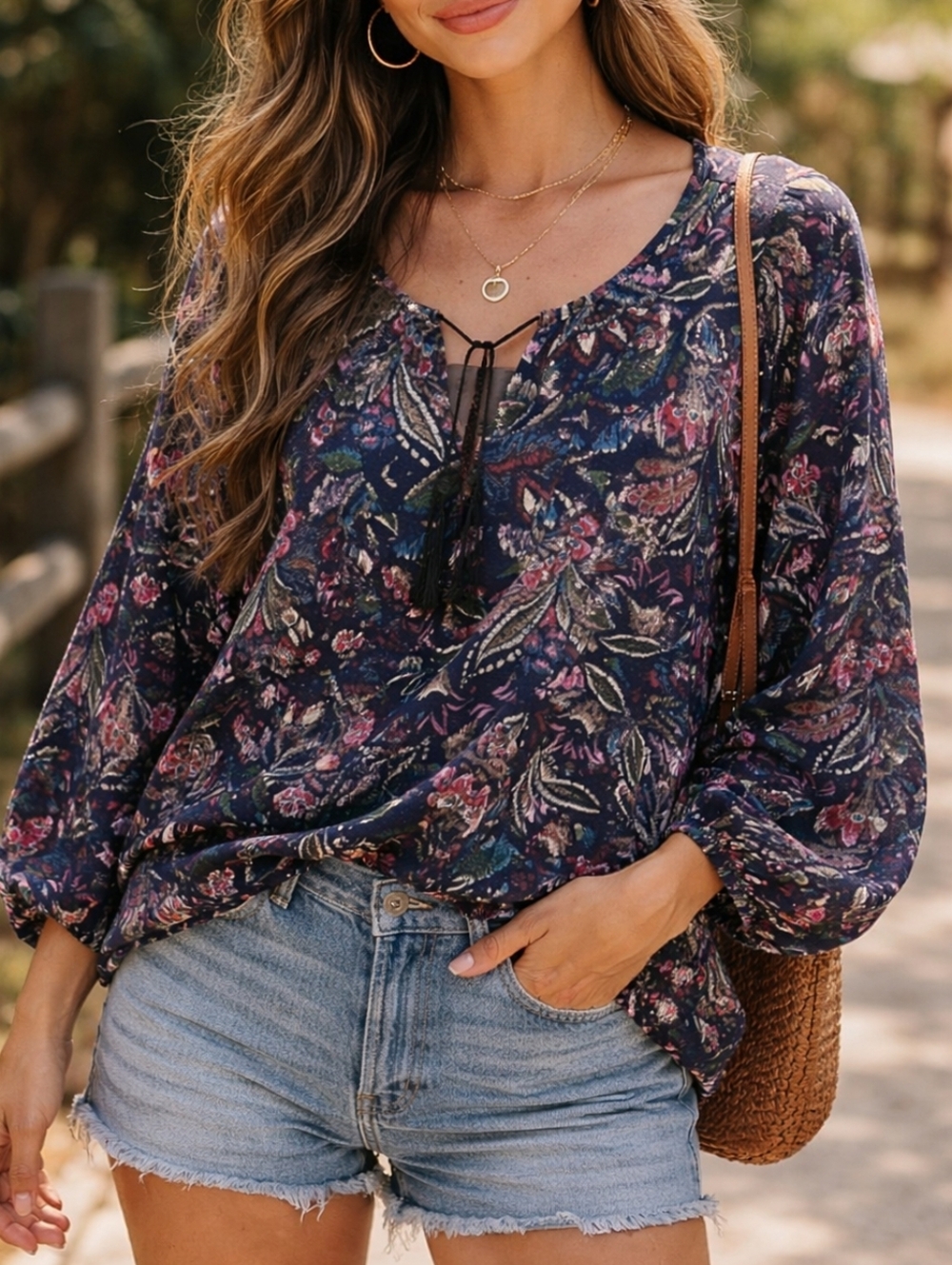 Women's Navy Floral V-Neck Peasant Blouse with Tassel Tie